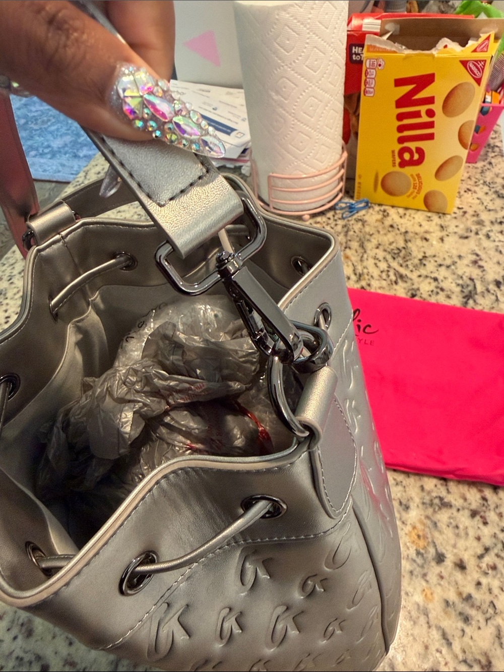 Glam-Aholic Monogram Metallic Silver Embossed Drawstring Bucket Shoulder Bag - Picture 15 of 15